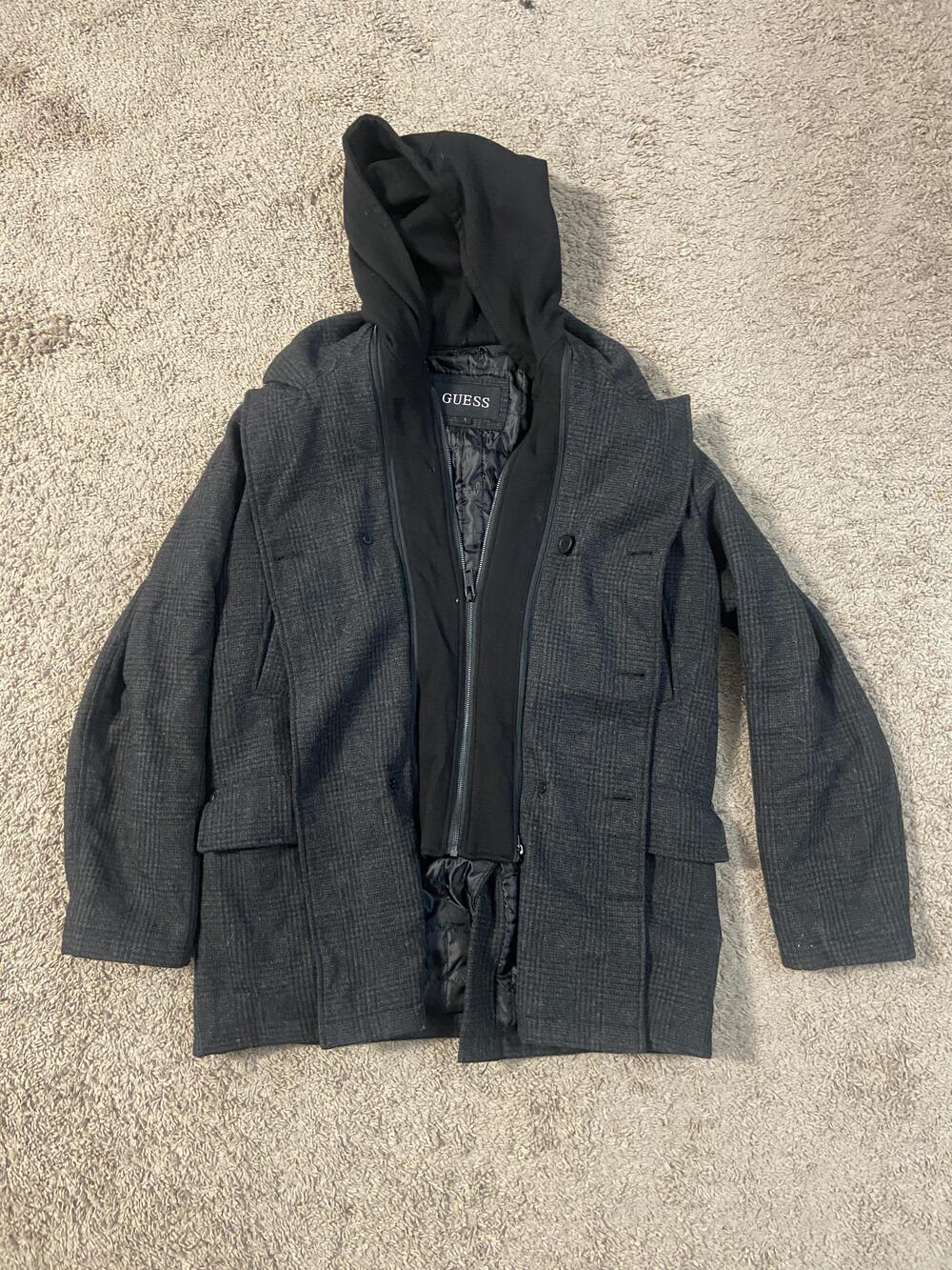 GUESS Coat Mens Large Gray Wool Plaid Hooded Pea Coat Lined Insulated Pockets